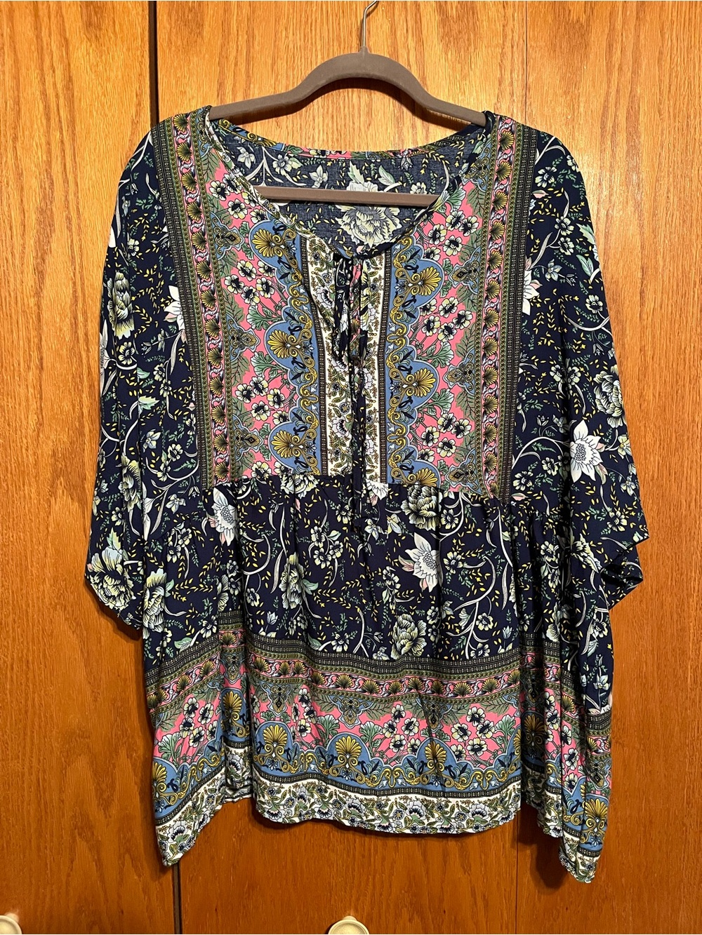 Bohemian Floral Peasant Top - Navy with Pink and Green Accents